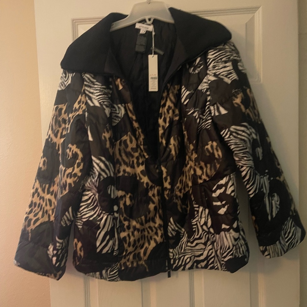 Chico's Black and Brown Puffer Jacket with Bold Design